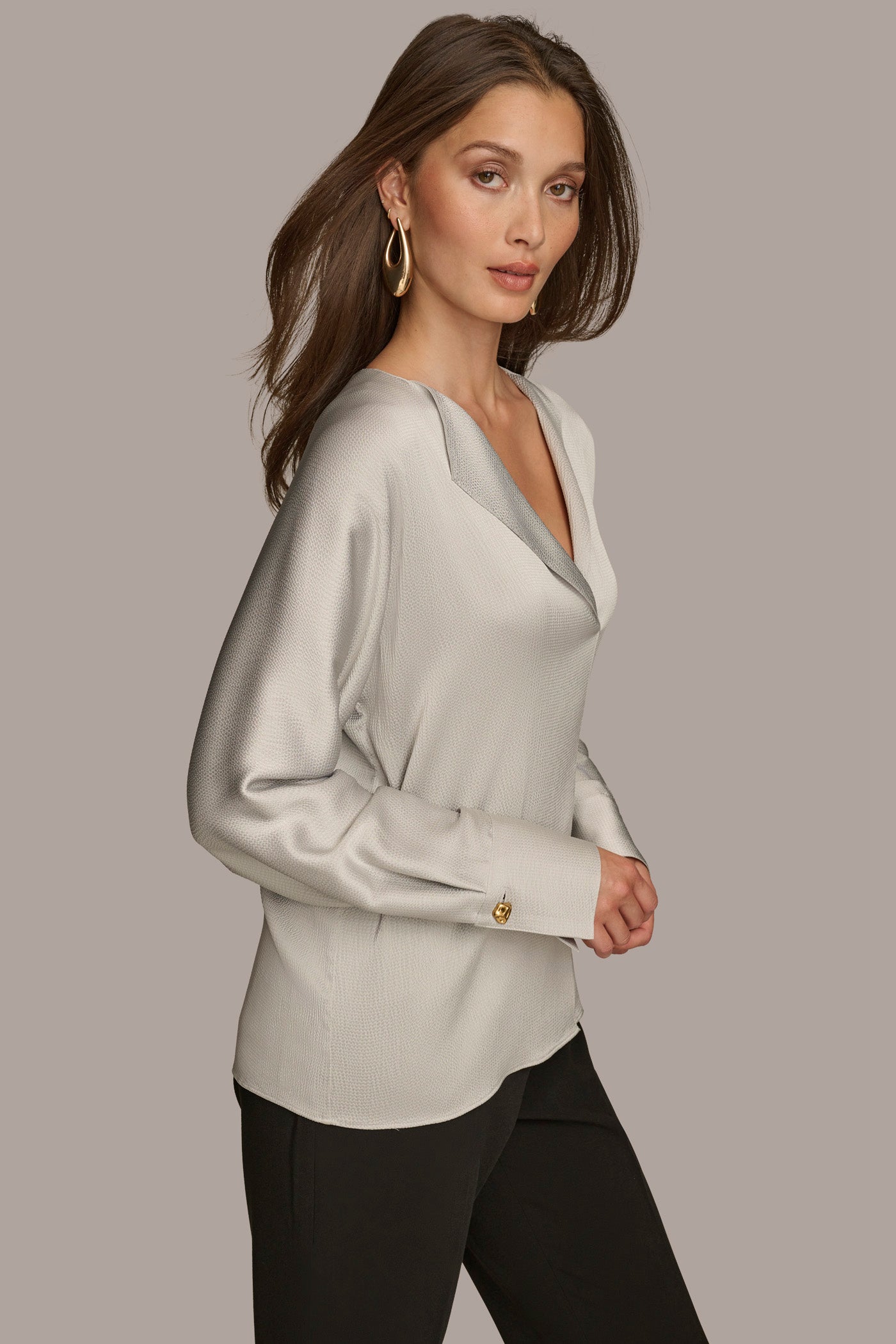 (image for) UNIQUE HAMMERED SATIN LONG SLEEVE V-NECK BLOUSE